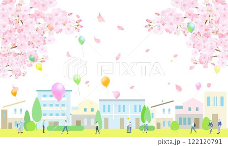 桜と風船ー可愛い街並みと人々の歩く風景ベクターイラスト春の背景素材 122120791