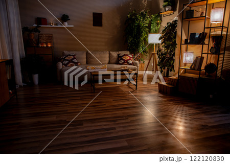 A Cozy Living Room Featuring Modern Decor, Inviting Warm Lighting, and a Relaxing Atmosphere 122120830