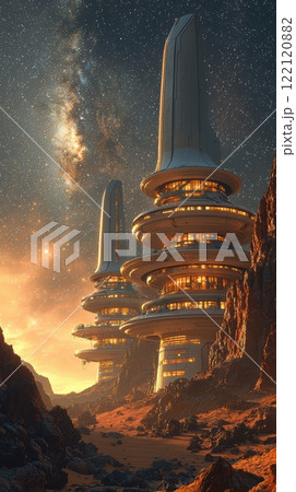 A Futuristic City Surrounded by a Cosmic Landscape Featuring Towering and Imposing Structures 122120882