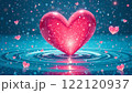 Illustration of pink glittery heart falling into blue water along with little hearts. Valentine's Day background card. Generated by AI. 122120937