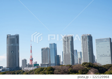 隅田川沿いの高層ビル群と東京タワーの風景 122120968