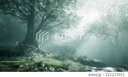 Dense forest with tall trees in haze, illuminated by the rays of the sun 122121051