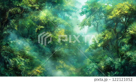 Dense forest with tall trees in haze, illuminated by the rays of the sun 122121052