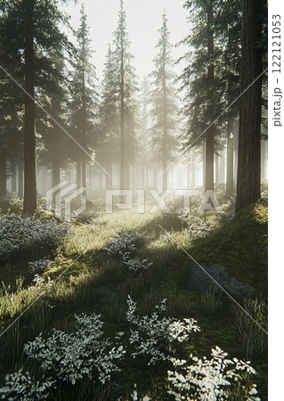 Dense forest with tall trees in haze, illuminated by the rays of the sun Dense forest with tall trees in haze, illuminated by the rays of the sun 122121053