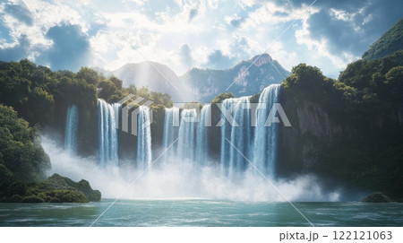 A powerful waterfall surrounded by dense tropical plants 122121063