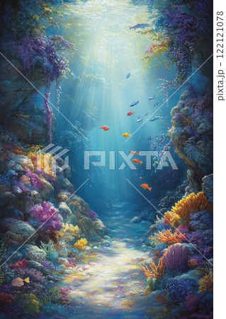 Underwater scene with bright corals and colorful fish, sunlight penetrates deep into the sea Underwater scene with bright corals and colorful fish, sunlight penetrates deep into the sea 122121078