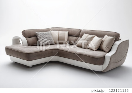 Modern corner sofa in warm beige tones with built-in white shelves for books and accessories Modern corner sofa in warm beige tones with built-in white shelves for books and accessories 122121133