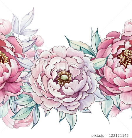 A stunning array of watercolor peonies displays a blend of soft pinks and whites, celebrating the beauty of spring and natures elegance seamless pattern, ornament A stunning array of watercolor peonies displays a blend of soft pinks and whites, celebrating the beauty of spring and natures elegance seamless pattern, ornament 122121145