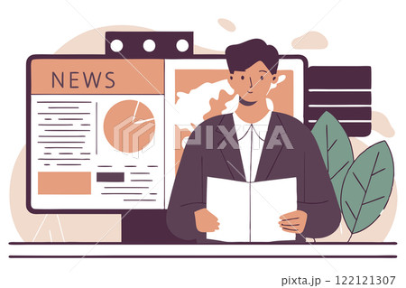 Television news reporter conveying breaking news. Vector flat illustration. Press, mass media, broadcasting studio concept 122121307