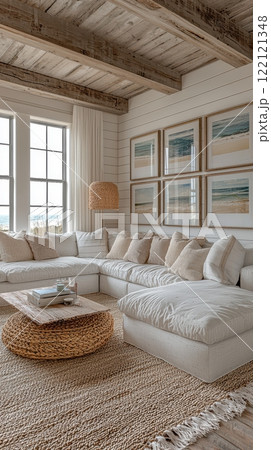 A Cozy Contemporary Living Room Featuring Soft Textures and Earthy Tones for Relaxation 122121348