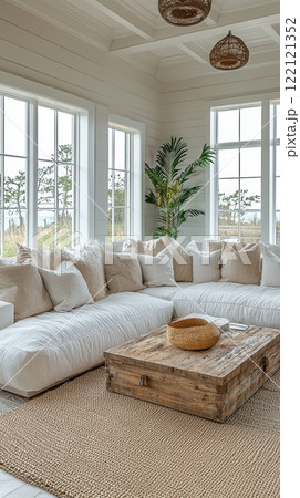 A Cozy and Modern Living Room Bathed in Natural Light and Filled with Elegant Textures 122121352