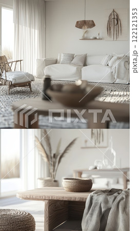 A Cozy and Minimalist Styled Living Room Enhanced with Inviting Natural Elements 122121353