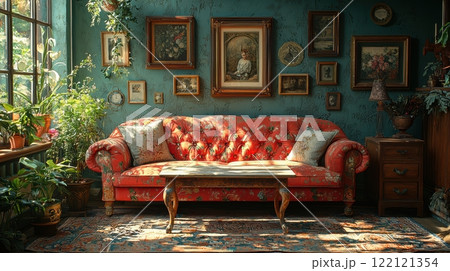 A Cozy and Inviting Vintage Living Room Adorned with Rich Textures and Lovely Greenery 122121354