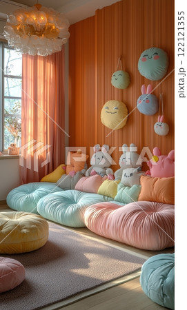 A Cozy and Colorful Plush Lounge Area Filled with Adorable Cute Pillows for Everyone 122121355