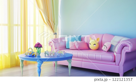 A charming pastel living room with cozy decor and playful accents for a delightful atmosphere 122121357