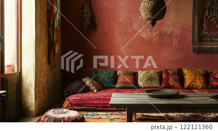 A Bohemian Living Room styled with vibrant textiles and rustic decor for an inviting feel 122121360