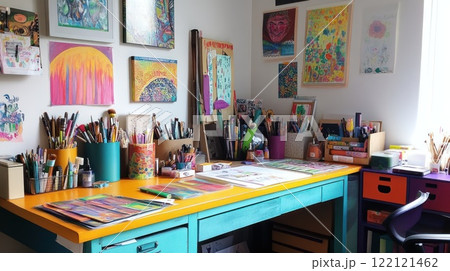 Colorful artist's workspace with vibrant artwork and art supplies on a teal desk. 122121462