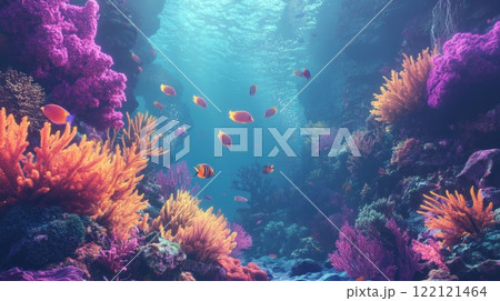 Vibrant coral reef with colorful fish swimming in clear blue water, sunlit scene. 122121464