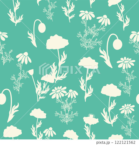 Decorative seamless vintage pattern in classic style with small flowers, ditsy. Silhouettes of flowers, bicolor ornament Decorative seamless vintage pattern in classic style with small flowers, ditsy. Silhouettes of flowers, bicolor ornament 122121562