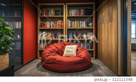 Red beanbag chair in a modern office reading nook with bookshelves. Red beanbag chair in a modern office reading nook with bookshelves. 122121598