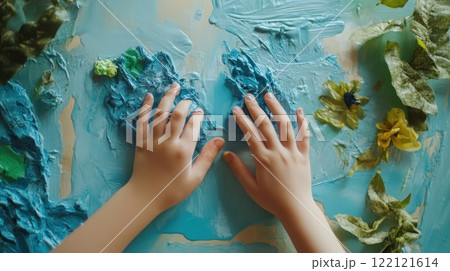 Child's hands in blue paint, creating textured art with flowers and leaves. Child's hands in blue paint, creating textured art with flowers and leaves. 122121614
