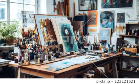 Artist's studio with paintings, canvases, brushes, and art supplies on a wooden table. Artist's studio with paintings, canvases, brushes, and art supplies on a wooden table. 122121621