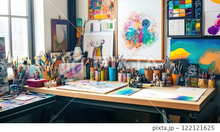 Artist's workspace with colorful paintings, brushes, and art supplies on a desk near a window. Artist's workspace with colorful paintings, brushes, and art supplies on a desk near a window. 122121625