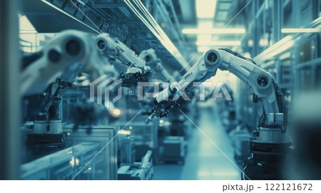 Automated robotic arms on assembly line in modern factory. 122121672