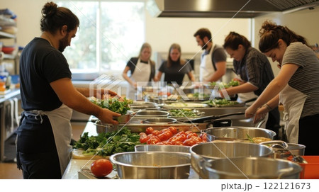 Team of chefs preparing food in a large kitchen, chopping vegetables and working together. 122121673