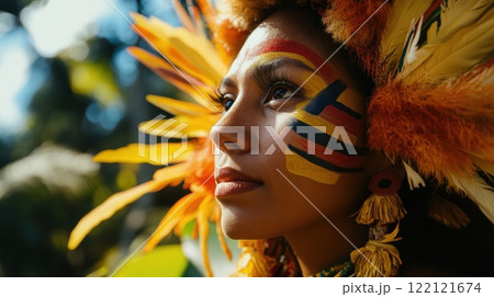Close-up portrait of a woman wearing a vibrant feathered headdress and face paint, looking thoughtfully into the distance. 122121674