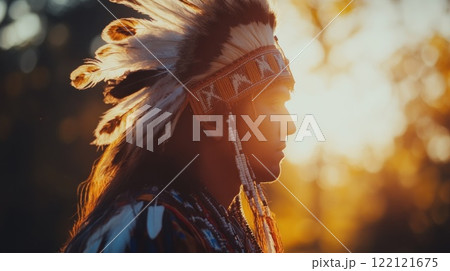 Profile of Native American man in headdress at sunset. 122121675