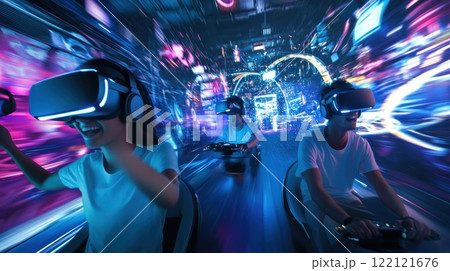 Two joyful people wearing VR headsets experience a futuristic racing game in a vibrant, neon-lit virtual city. Two joyful people wearing VR headsets experience a futuristic racing game in a vibrant, neon-lit virtual city. 122121676