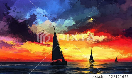 Sailboats at sunset with vibrant, colorful cloudscape. 122121678