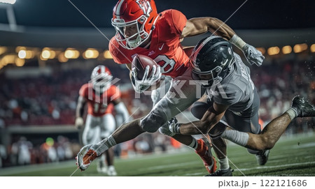 Football player running with the ball, being tackled by a defender under stadium lights at night. 122121686