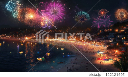 Vibrant fireworks illuminate a crowded beach at night. 122121695