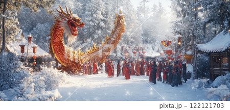 Majestic dragon at a snowy winter festival in a Chinese village. 122121703