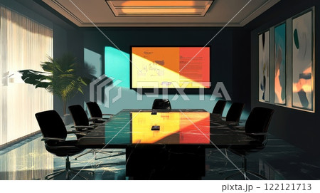 Sunlit modern conference room with large table, chairs, screen, and artwork. Sunlit modern conference room with large table, chairs, screen, and artwork. 122121713