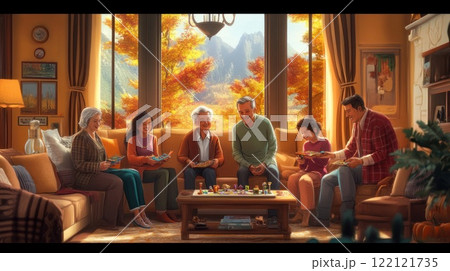 Multigenerational family gathers in a cozy living room, enjoying an autumn afternoon together, playing games and sharing moments. Multigenerational family gathers in a cozy living room, enjoying an autumn afternoon together, playing games and sharing moments. 122121735