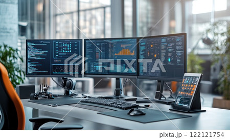Modern programmer's workstation with triple monitors displaying code, data, and graphs; tablet and peripherals. Modern programmer's workstation with triple monitors displaying code, data, and graphs; tablet and peripherals. 122121754