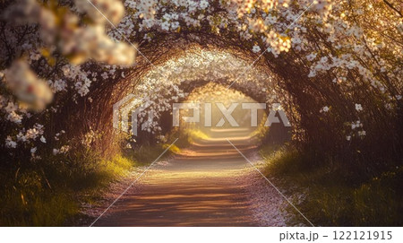 Magical blossom tunnel path at sunset. 122121915