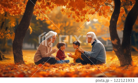 Grandparents and grandsons playing in autumn park. 122121933