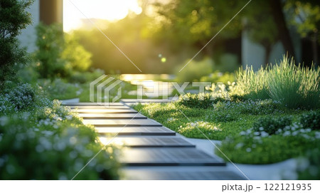 Sunlit garden path with lush greenery and flowers at sunset. Sunlit garden path with lush greenery and flowers at sunset. 122121935