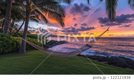 Serene sunset view with hammock between palm trees on a tropical beach. Serene sunset view with hammock between palm trees on a tropical beach. 122121936