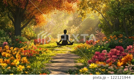 Silhouetted woman meditating in a vibrant autumnal garden, sunlight streaming through trees. Silhouetted woman meditating in a vibrant autumnal garden, sunlight streaming through trees. 122121944