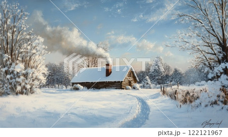 Cozy log cabin nestled in a snowy winter landscape, smoke curling from its chimney, footpath leading to it. Cozy log cabin nestled in a snowy winter landscape, smoke curling from its chimney, footpath leading to it. 122121967