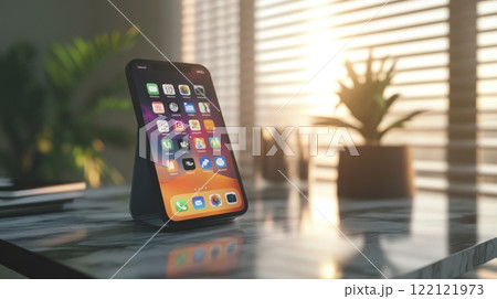 Smartphone on stand, displaying apps, sunlit room. 122121973