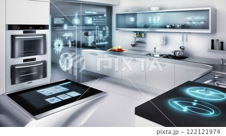 Modern smart kitchen with interactive appliances and holographic displays. Modern smart kitchen with interactive appliances and holographic displays. 122121974