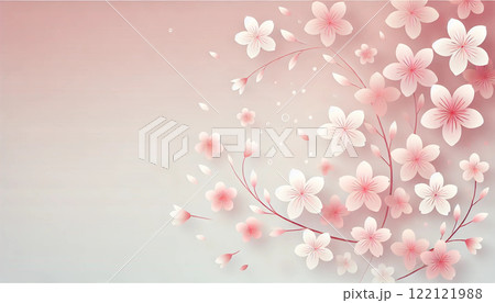 ピンク色の背景に桜の花と花びら 122121988