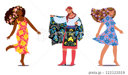 Woman cartoon character with flowers blooms in hair multinational diversity set isolated on white Woman cartoon character with flowers blooms in hair multinational diversity set isolated on white 122122019
