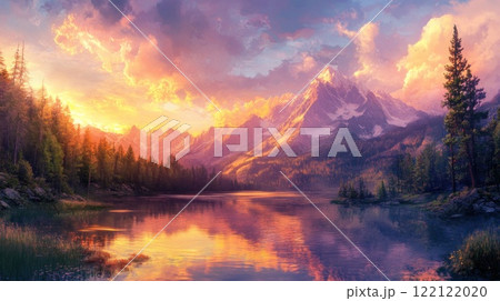 Vibrant sunset over serene mountain lake reflecting colorful sky and snow-capped peaks. Vibrant sunset over serene mountain lake reflecting colorful sky and snow-capped peaks. 122122020